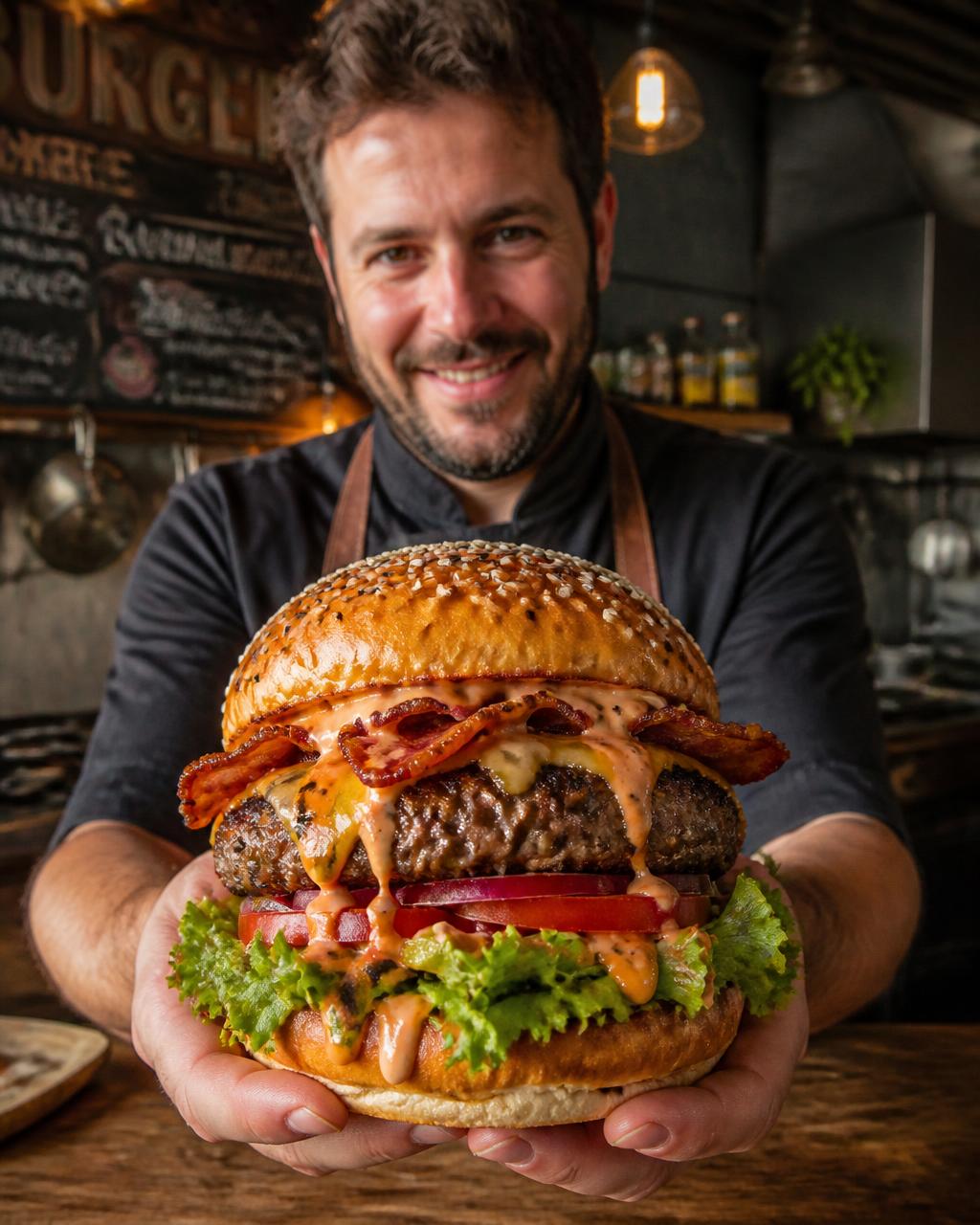 Portrait de Malik Ferrand, fondateur de Burger P, façonnant des pains à burger en cuisine