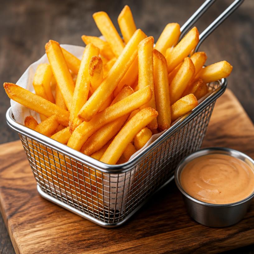 Frites dorées et croustillantes dans un panier avec sauce