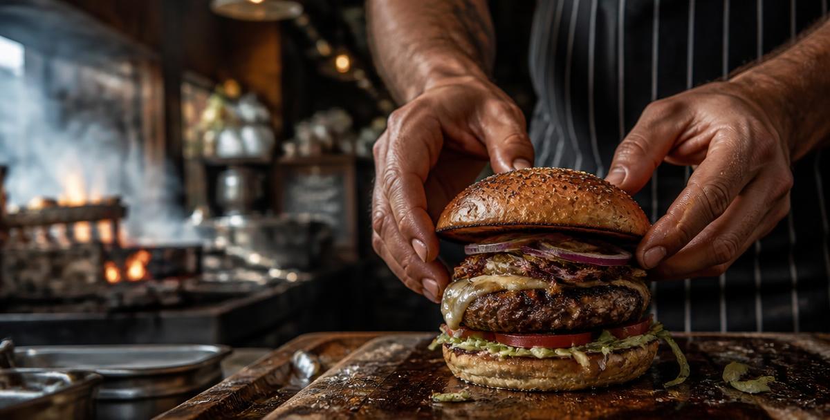 Mains d'un chef assemblant un burger dans une cuisine rustique