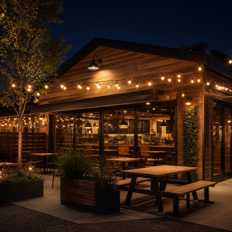 Extérieur chaleureux du restaurant Burger P le soir